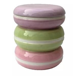 Pastel Macaron Ceramic Cookie Jar Canister Lidded Storage Pink Purple Green New